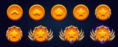 Dairesel dereceli altın patent seti. Mavi değerli taş, yıldız ve kemik. 3 boyutlu metal etkisi. Oyun başarıları için mükemmel.