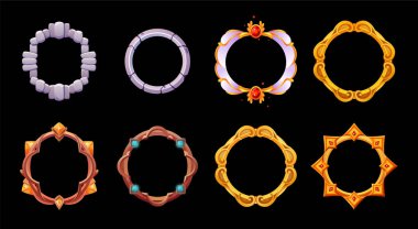 Fantezi oyun avatar çerçeve seti. Sınır rozeti ikonu. Metalik yuvarlak halka çerçeve. RPG için taş ve metal arayüz varlığı. Boş altın, gümüş, bronz ödül çerçevesi. Gemstone.