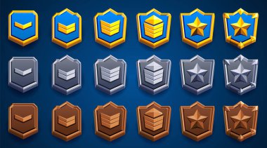 Clash Royale rütbe rozeti ayarlandı. Yıldızlarla süslenmiş kalkan amblemi. Farklı şekillerde. Mavi, odunsu, kahverengi, altın, gümüş, bronz, ahşap. Başarı ödülü.