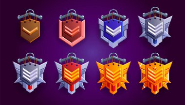 Seviye oyun rütbe rozetleri ayarlandı. 12 gerçekçi ahşap, gümüş, bronz, ilerleme sembollü altın vektörü. Metalik stil. İlerleme ve ödüller.