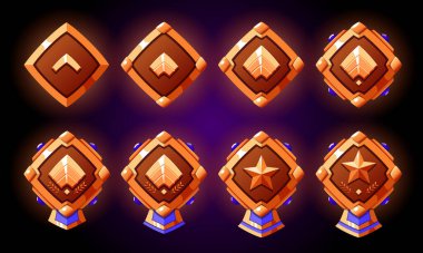 Bronz seviye rütbe sembolleri. Yıldızlı ve kurdeleli gerçekçi bir vektör. Oyunlar için askeri rozetler. Gemstone, kurdele ve yıldız.