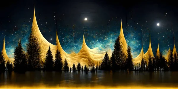 3d modern art mural wallpaper, night landscape with colorful mountains, dark black background with golden moon, golden trees, and gold waves, christmas background. 3d rendering