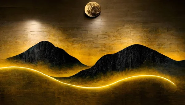 3d modern art mural wallpaper, night landscape with colorful mountains, dark black background with golden moon, golden trees, and gold waves, 3d rendering of a futuristic background