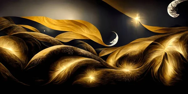 3d modern art mural wallpaper, night landscape with colorful mountains, dark black background with golden moon, golden trees, and gold waves, 3d illustration of the gold angel of the sun, stars, clouds, smoke