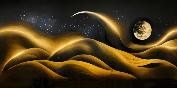 3d modern art mural wallpaper, night landscape with colorful mountains, dark black background with golden moon, golden trees, and gold waves, 3d illustration of a fantasy alien planet with stars and moon