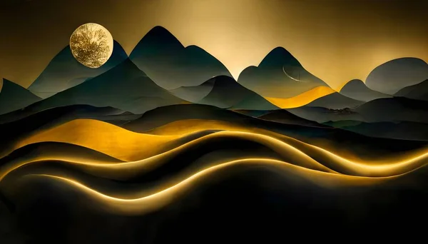 3d modern art mural wallpaper, night landscape with colorful mountains, dark black background with golden moon, golden trees, and gold waves, 3d illustration of abstract mountains background
