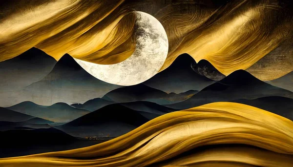 3d modern art mural wallpaper, night landscape with colorful mountains, dark black background with golden moon, golden trees, and gold waves, beautiful view of the desert landscape