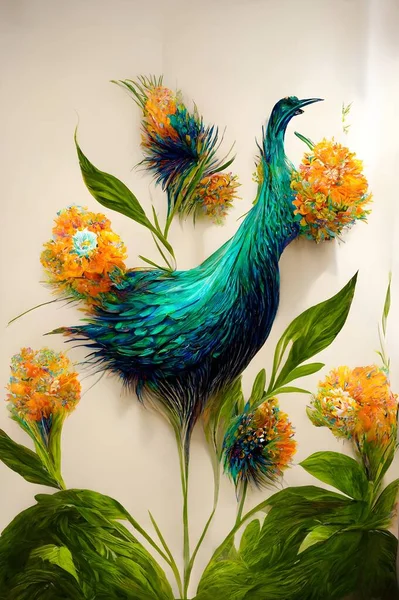 beautiful peacock bird with feathers and flowers