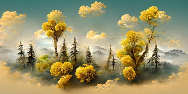 Brown trees with golden flowers and turquoise, black and gray mountains in light yellow background with white clouds and birds. 3d illustration wallpaper landscape art, autumn landscape with trees and forest, vector illustration