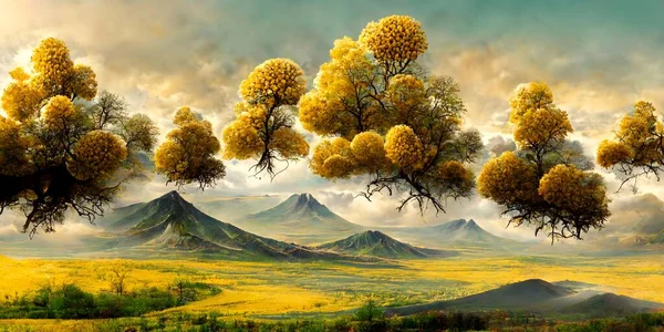 Brown trees with golden flowers and turquoise, black and gray mountains in light yellow background with white clouds and birds. 3d illustration wallpaper landscape art, beautiful landscape with trees and mountains