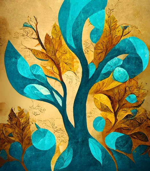 mural wallpaper. colorful tree with turquoise, blue and brown leaves in the drawing background. drawing golden objects, abstract background with colorful pencils