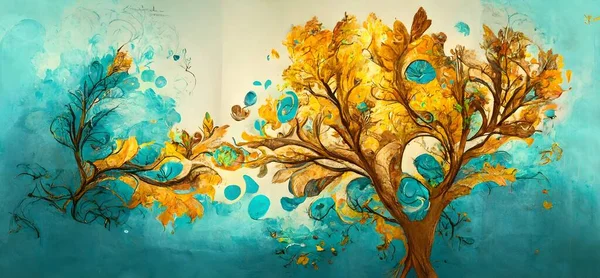 autumn leaves and branches of trees, mural wallpaper. colorful tree with turquoise, blue and brown leaves in the drawing background. drawing golden objects
