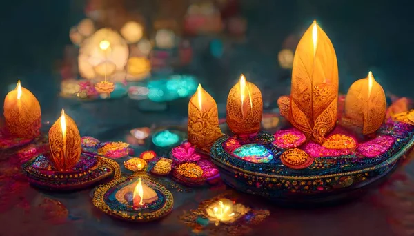 Happy diwali illustration. Festive diwali card. Design template with lamp, golden lights, colorful background. Blue magenta background, mandala. holiday illustration