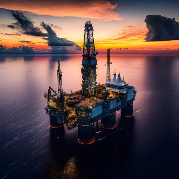 oil rig with sunset over sea background