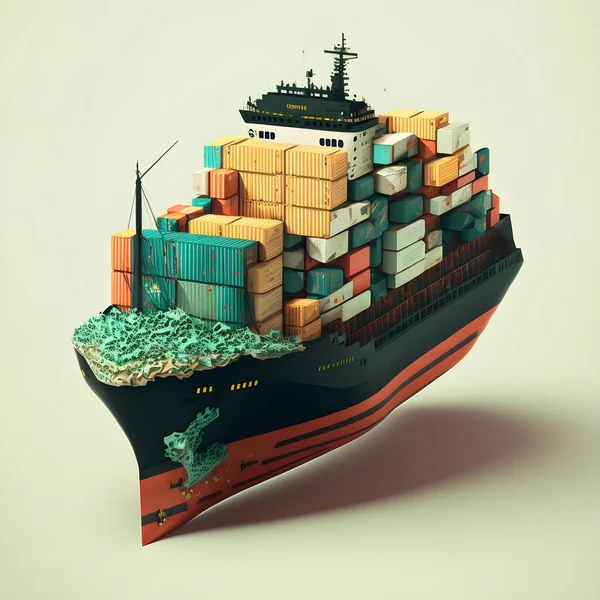3d illustration of a cargo ship with a container and a large stack of containers.