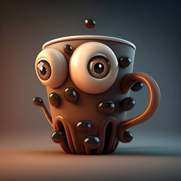 3d rendering of a cute cartoon character with a cup of coffee
