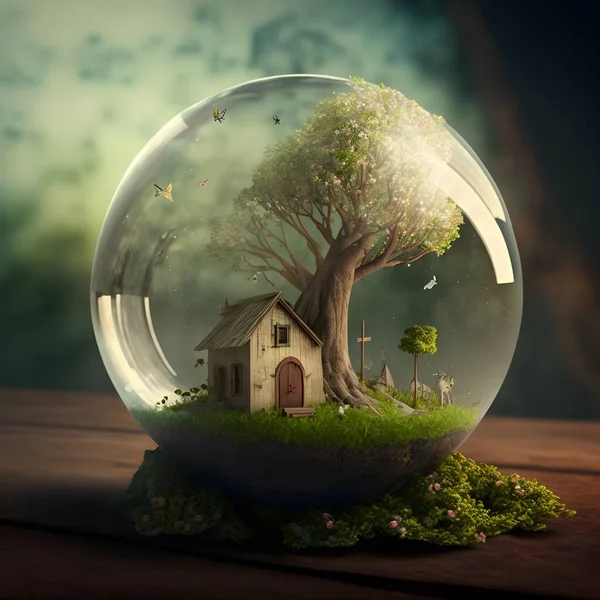 a small house with a tree and a globe