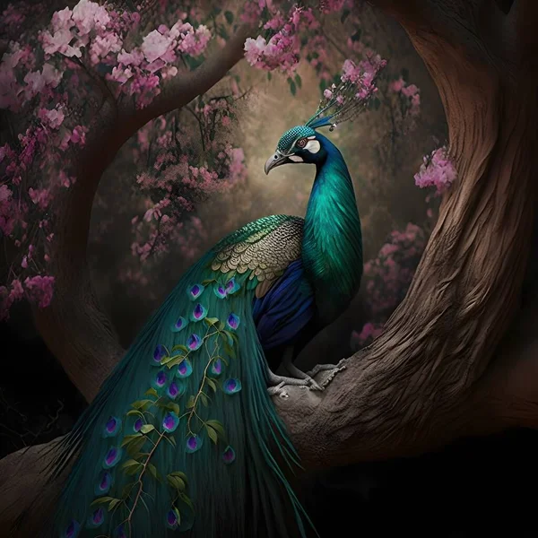 beautiful peacock with feathers and flowers