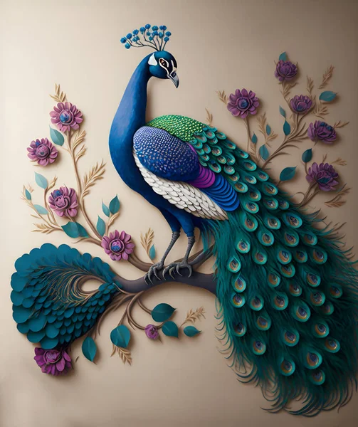 beautiful peacock bird with feathers and flowers. peacock on branch wallpaper. colorful flowers 3d mural background. wall canvas poster art