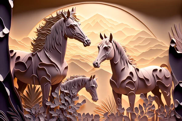 3d mural wallpaper with wild horses in the afternoon.