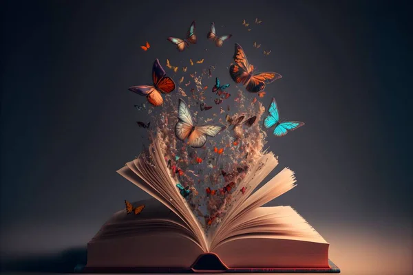 An open book with butterflies coming out of it ideal for fantasy and literature background