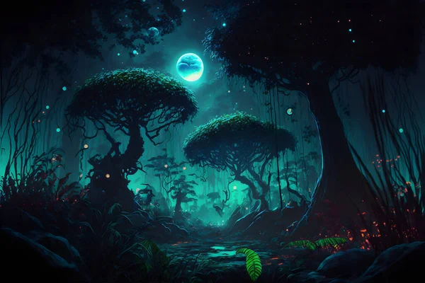 Avatar planet pandora at night, glowing dots at plants and trees in jungle