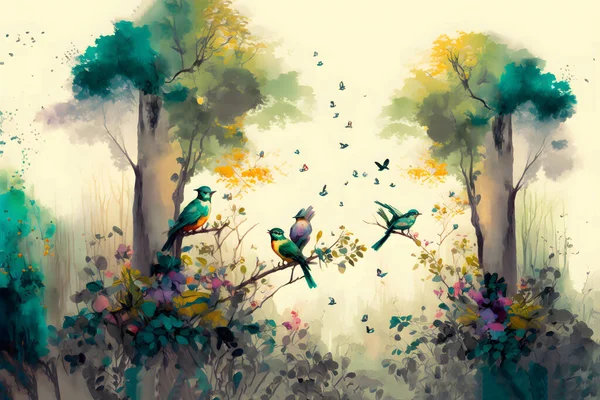 digital watercolor painting of a forest landscape with birds, butterflies and trees, watercolor illustration of a beautiful bird
