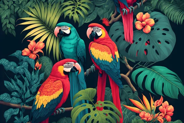 Tropical pattern with parrots and flowers in bright color. vegetation and exotic fauna in jungle