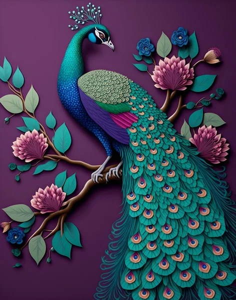 Peacock on branch wallpaper. wall canvas poster art. colorful flowers 3d mural background.
