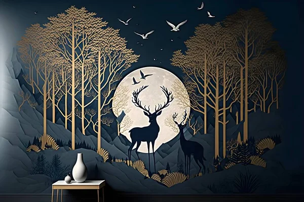 3d modern art mural wallpaper with dark blue Jungle , forest background. golden deer, black christmas tree, mountain, moon with white birds