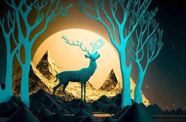 3d modern art mural wallpaper with light background. golden deer, black Christmas tree, turquoise mountains, and moon with a golden sun. for use as a frame on walls