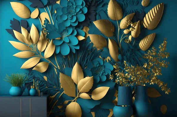 Abstract mural floral wallpaper, blue, teal and gold floral print background. plants and leaves in sylized pattern, for use as a frame on walls.