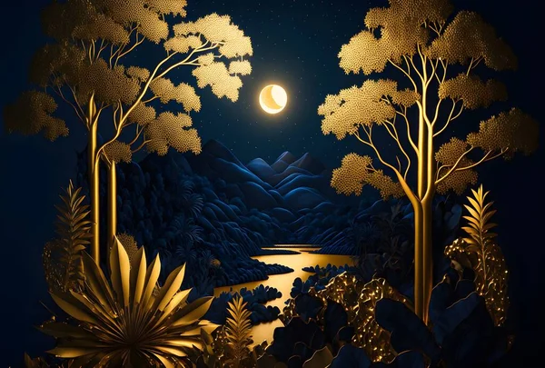 3d modern art mural wallpaper with night landscape with dark blue Jungle, dark black background with stars and moon, golden tree and gold waves. for use as a frame on walls