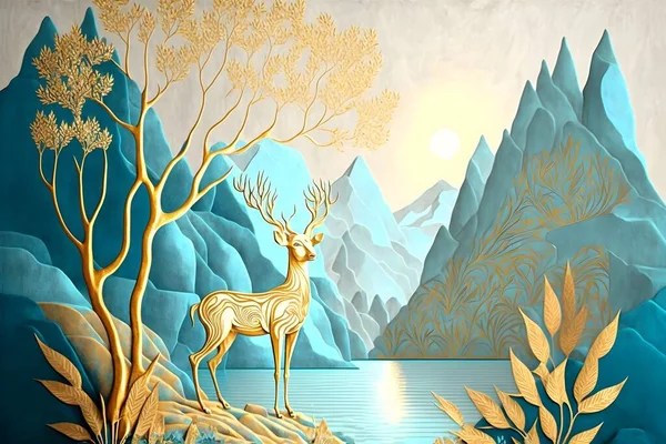 3d modern art mural wallpaper with Drawing modern Landscape art. leaves tree, golden lines, Golden deer and tree in Alice blue background, golden sun and mountain, colorful marble background