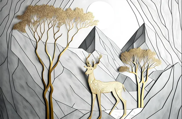 3d modern art mural wallpaper with Drawing modern Landscape art. leaves tree, golden lines, Golden deer and tree in Antique white gray background, golden sun and mountain, colorful marble background