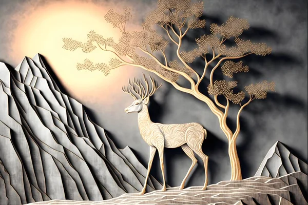 Drawing modern Landscape art 3d mural wallpaper. leaves tree, golden lines, Antique white deer and tree in red gray background, golden sun and mountain.