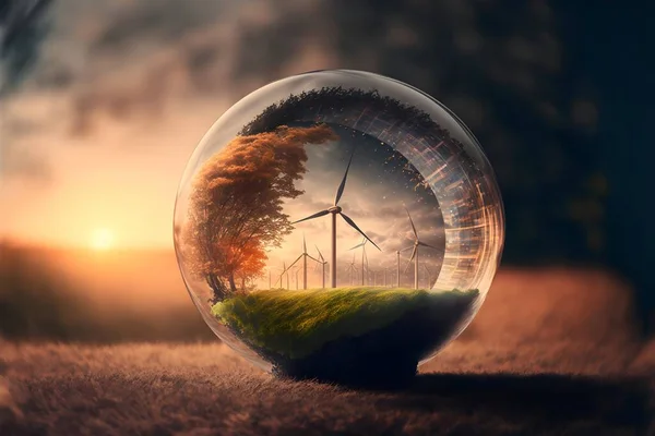 Cinematic Earth crystal glass globe ball with windmills, Saving environment and ecology, save clean planet