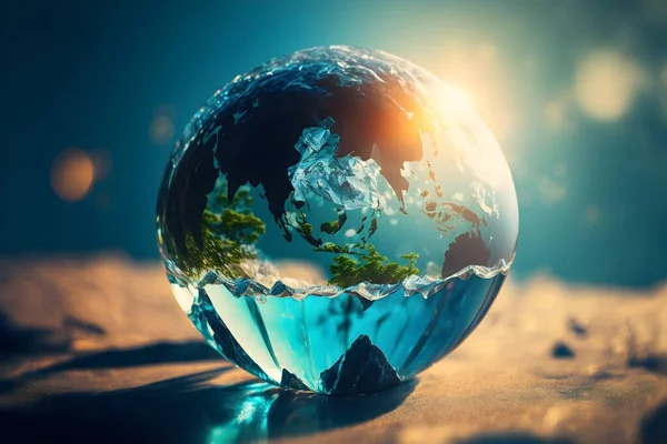 Saving environment and clean planet. save ecology, Earth crystal glass globe on blue sunny background