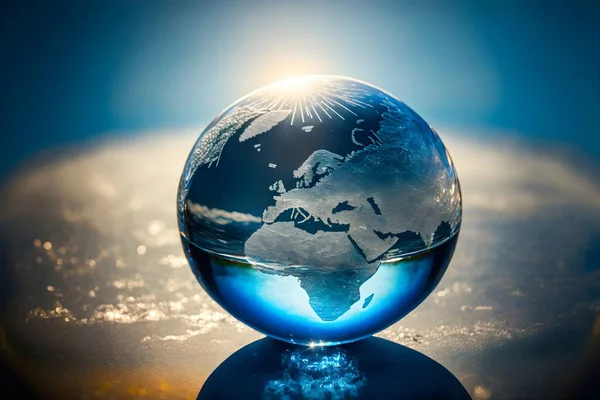 Saving environment and clean planet. save ecology, Earth crystal glass globe on blue sunny background
