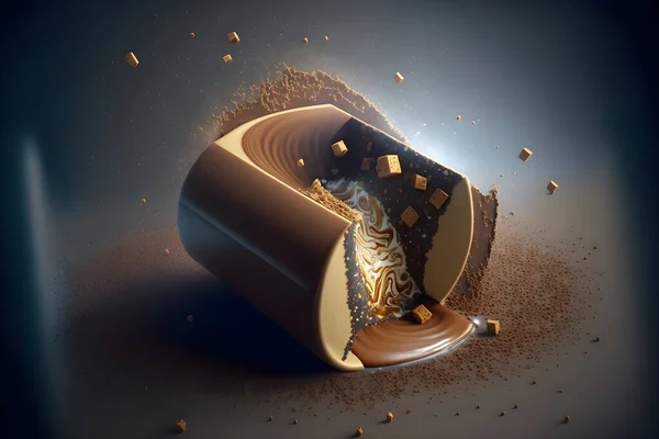 3d rendering of a chocolate cake with a glass of water