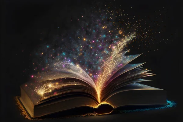 open book with glowing stars on a dark background