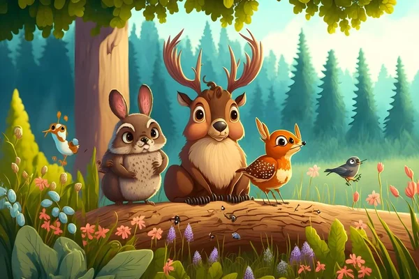 illustration of a cartoon scene with animals in the forest
