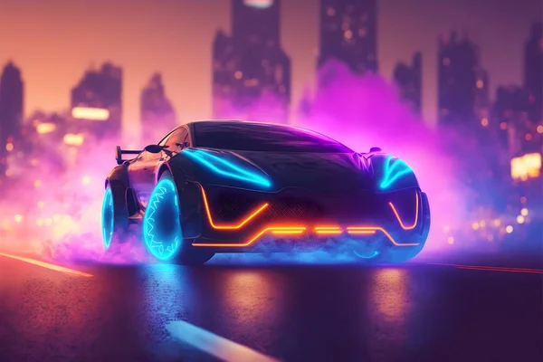 Futuristic sports car drifting in the neon street Stock Photo - Alamy