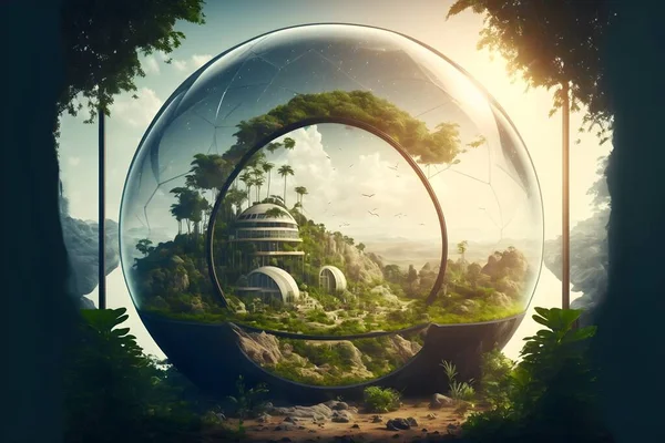 Human settlement in alien world with green plant as proof of life in space. Spectacular space colony glass dome habitat provide sustainable food