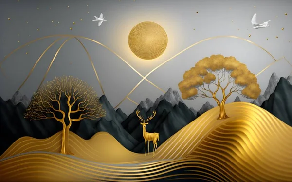 3d modern art mural wallpaper, night landscape with dark mountains, gray background with golden trees, and golden waves.