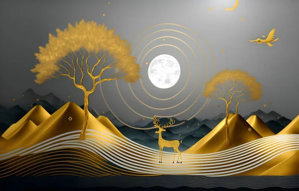 3d modern art mural wallpaper, night landscape with dark mountains, gray background with golden trees, and golden waves.