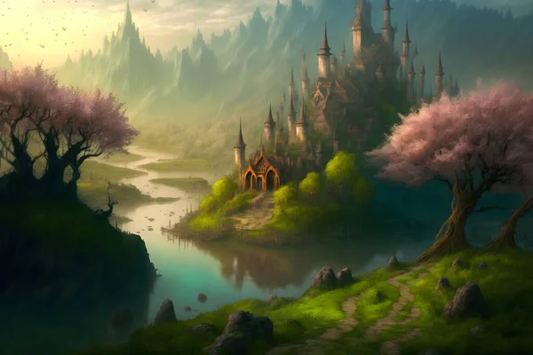 Fantasy landscape with 3d castle in village, imaginary world