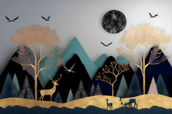 3d modern art mural wallpaper with dark blue Jungle, forest background. golden deer, christmas tree, mountain , moon with white birds. Suitable for use as a frame on walls