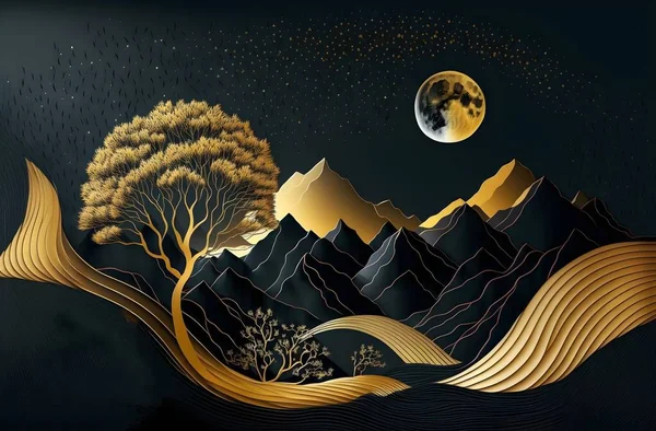 3d modern art mural wallpaper, night landscape with colorful mountains, dark black background with golden moon, golden trees, and gold waves
