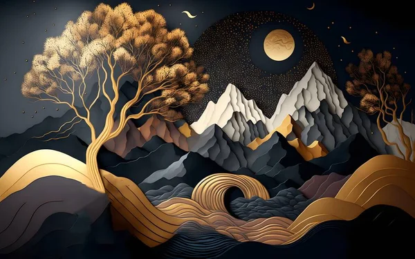 3d modern art mural wallpaper, night landscape with colorful mountains, dark black background with golden moon, golden trees, and gold waves